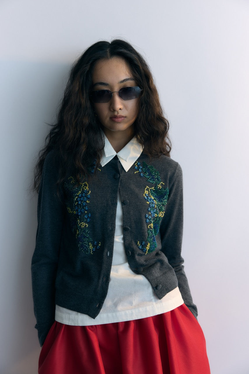 Grey Beads Embroidery Knit Cardigan