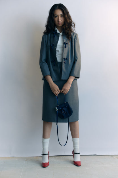 Grey Stand Collar Ribbon Tie Jacket