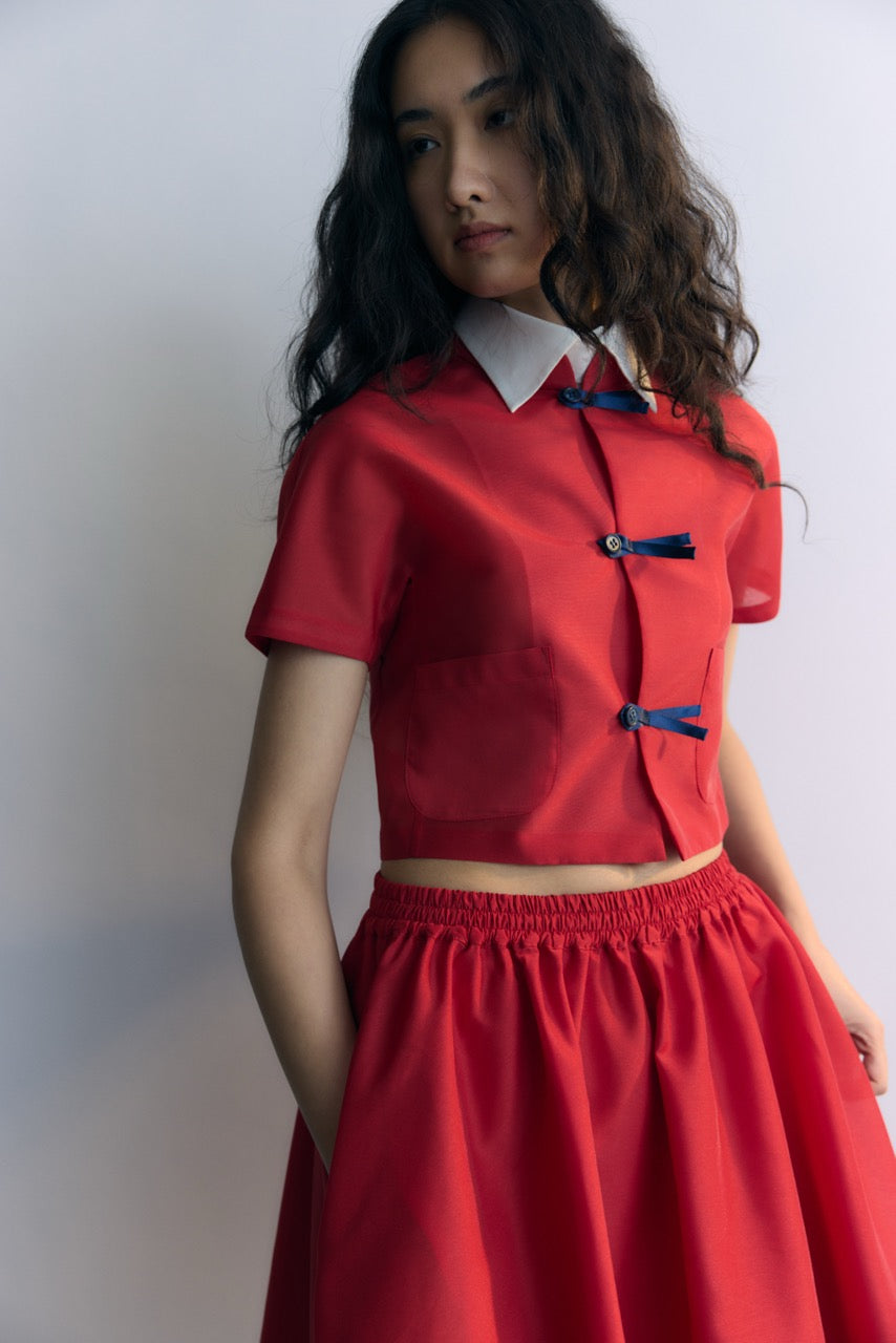 Red Double Collar Cropped Blouse