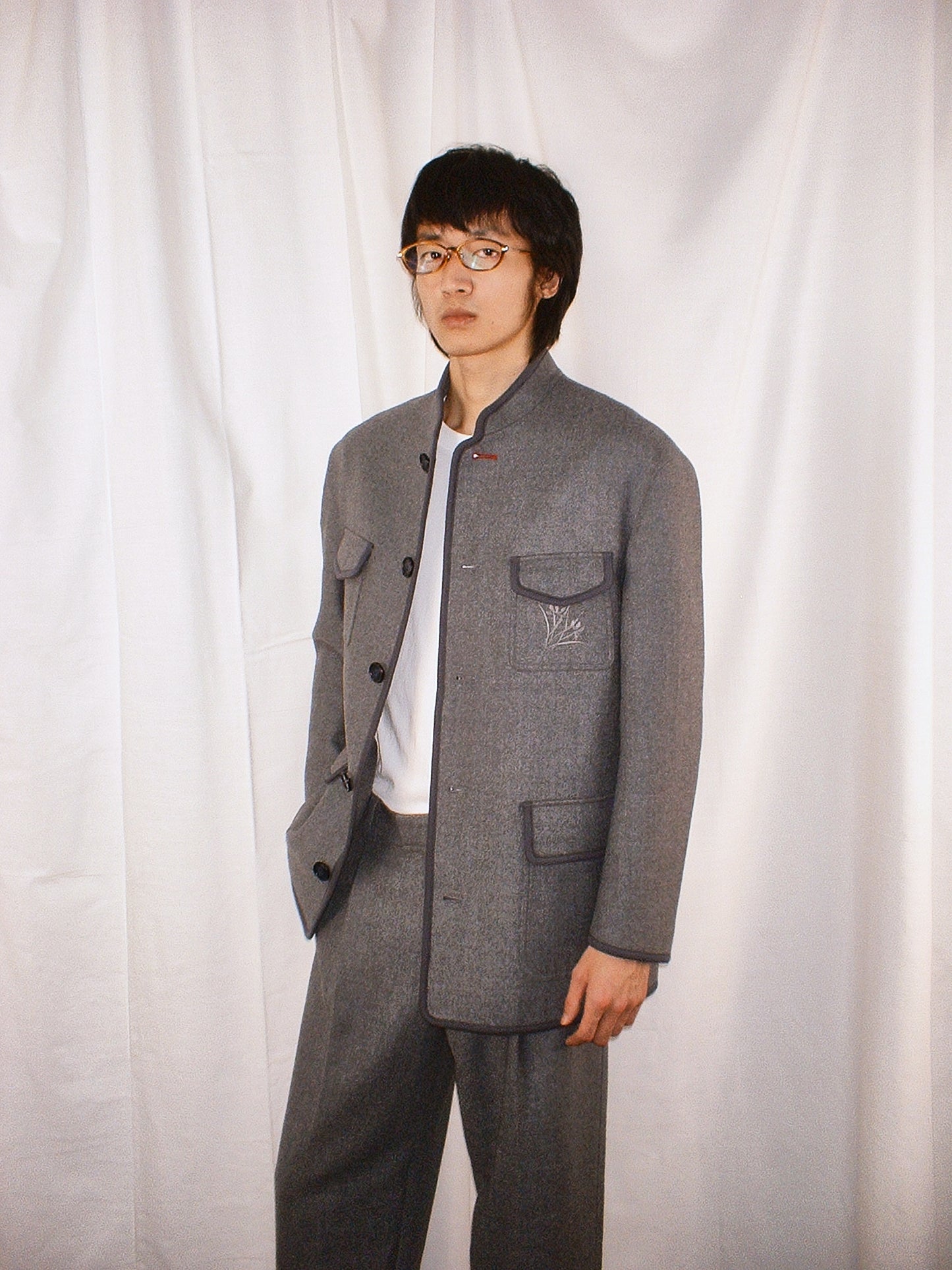 Grey Piping mandarin collar jacket