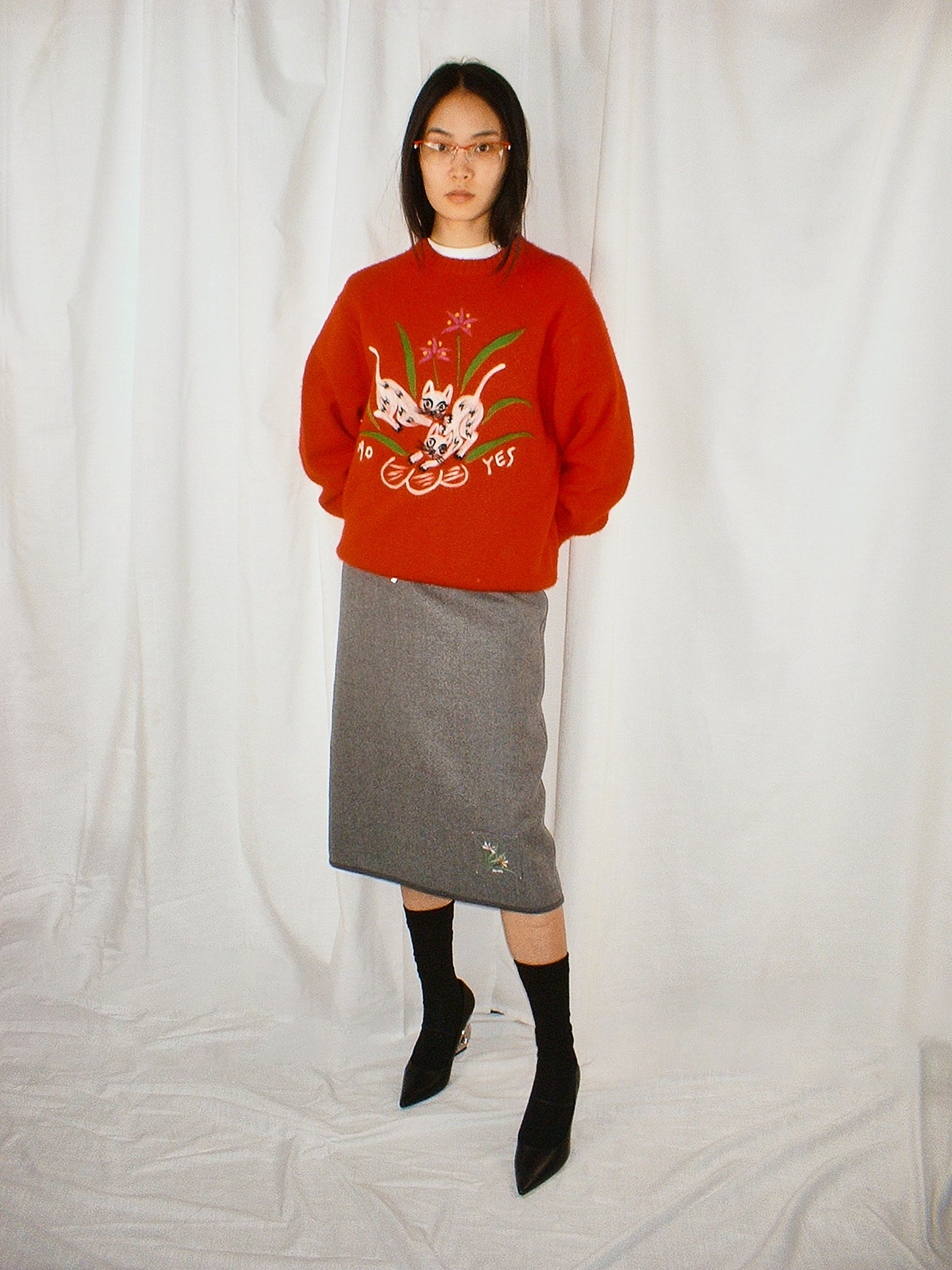 Red Cat punch needle knit pullover