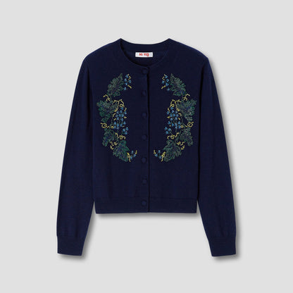 Navy Beads Embroidery Knit Cardigan