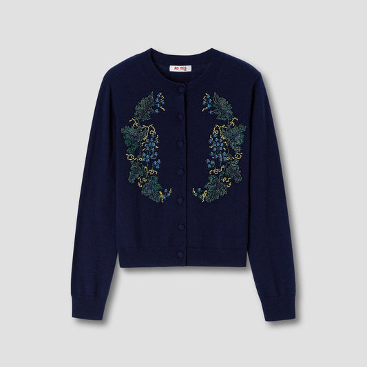 Navy Beads Embroidery Knit Cardigan
