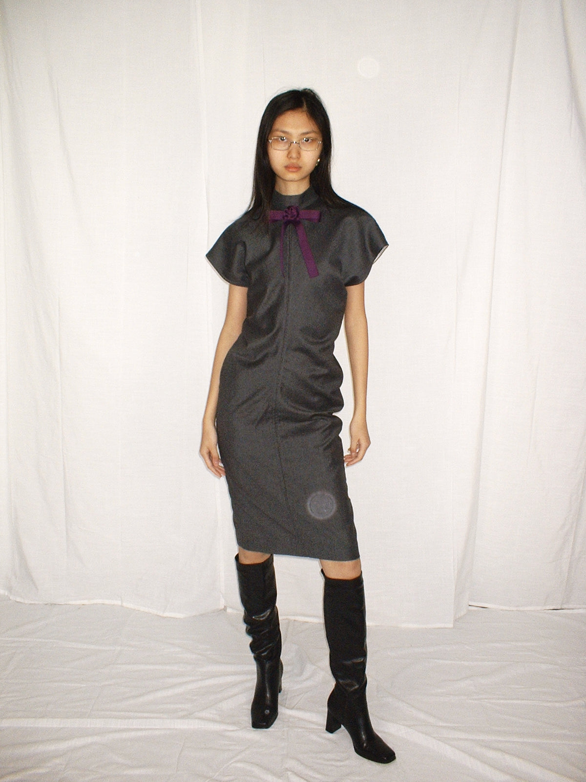 Grey Ribbon tie bias cut dress