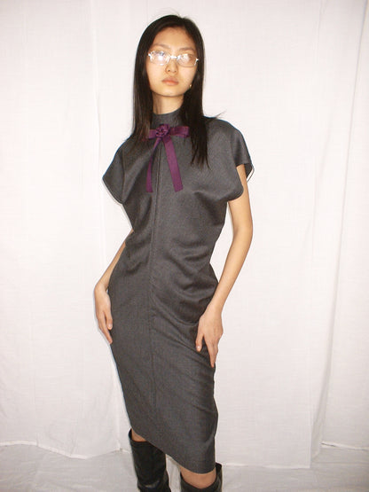 Grey Ribbon tie bias cut dress