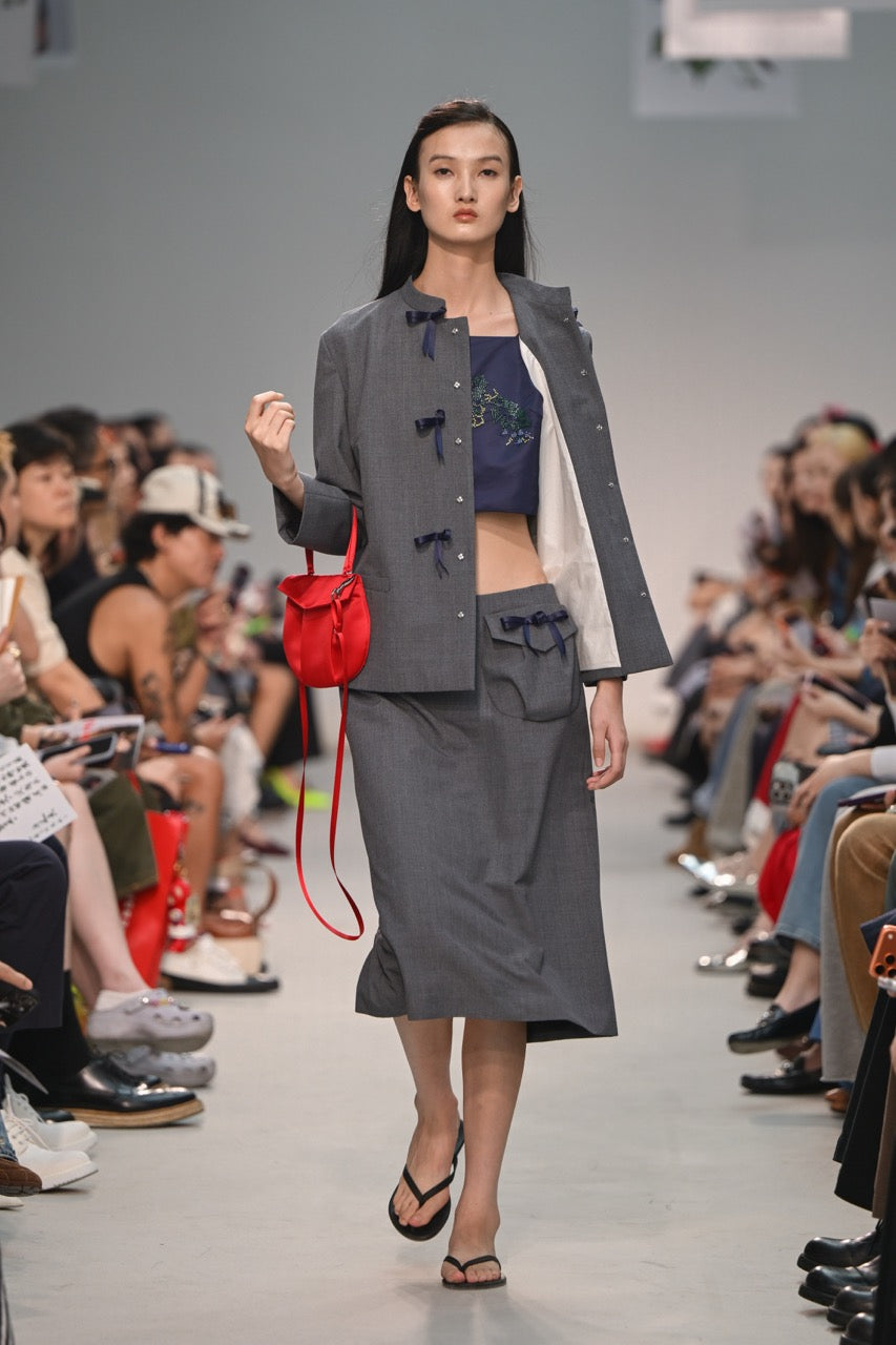 Grey Stand Collar Ribbon Tie Jacket