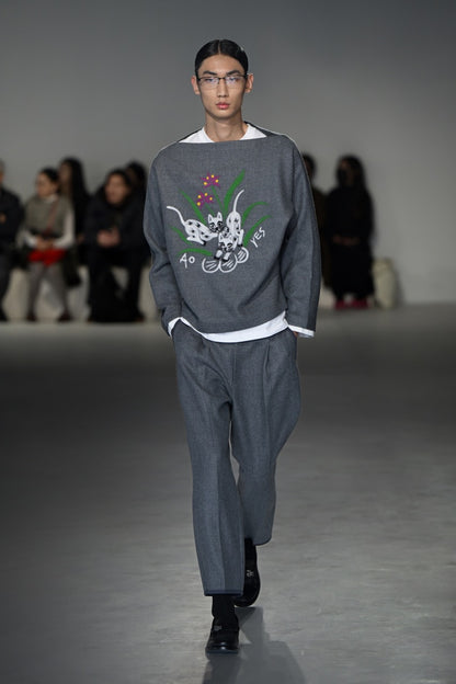 Grey Cat punch needle melton blouse